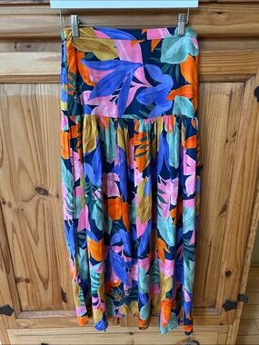 Abel the Label Leonard Tropical Floral Maxi Skirt Navy Tiered Flowy 100% Rayon